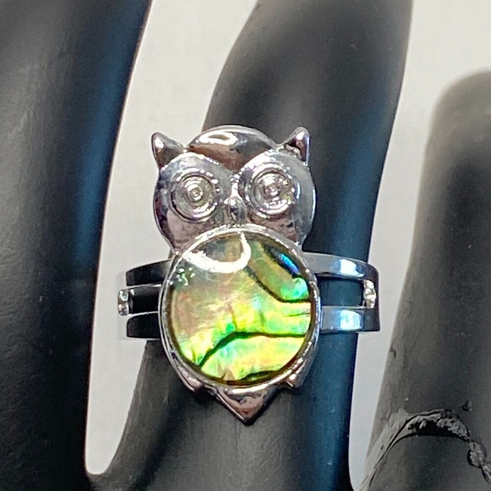 💎Silver Tone Owl Ring Abalone Shell Belly Figural Vintage Costume Jewelry Sz 6